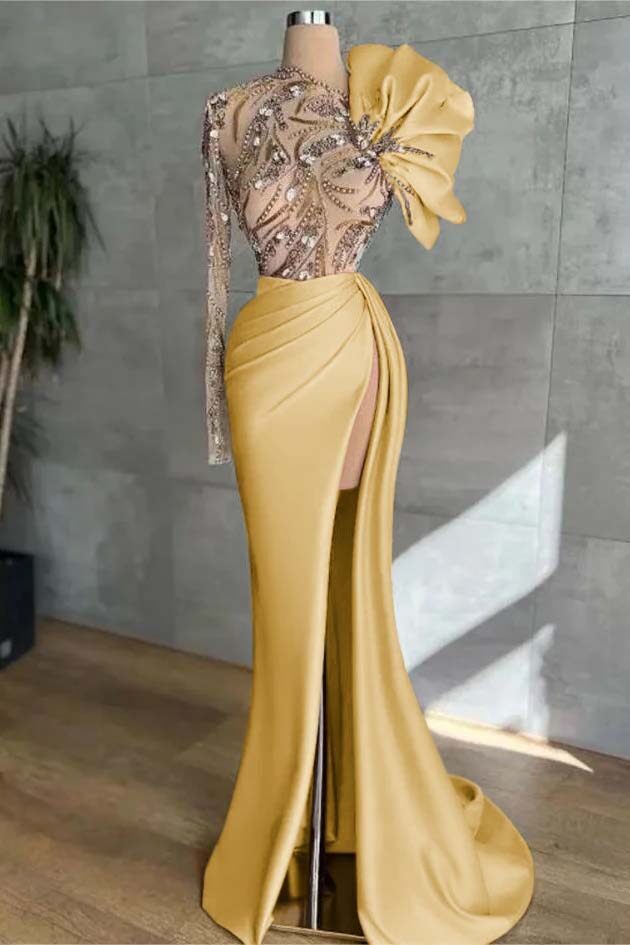 Long Sleeve Mermaid Long Prom Dress with Split and Appliques