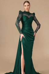 Long Sleeve Mermaid Long Prom Dress with Split, Pleats and Appliques