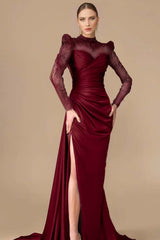 Long Sleeve Mermaid Long Prom Dress with Split, Pleats and Appliques