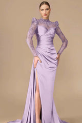 Long Sleeve Mermaid Long Prom Dress with Split, Pleats and Appliques