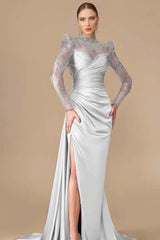 Long Sleeve Mermaid Long Prom Dress with Split, Pleats and Appliques