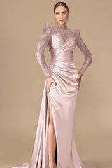 Long Sleeve Mermaid Long Prom Dress with Split, Pleats and Appliques