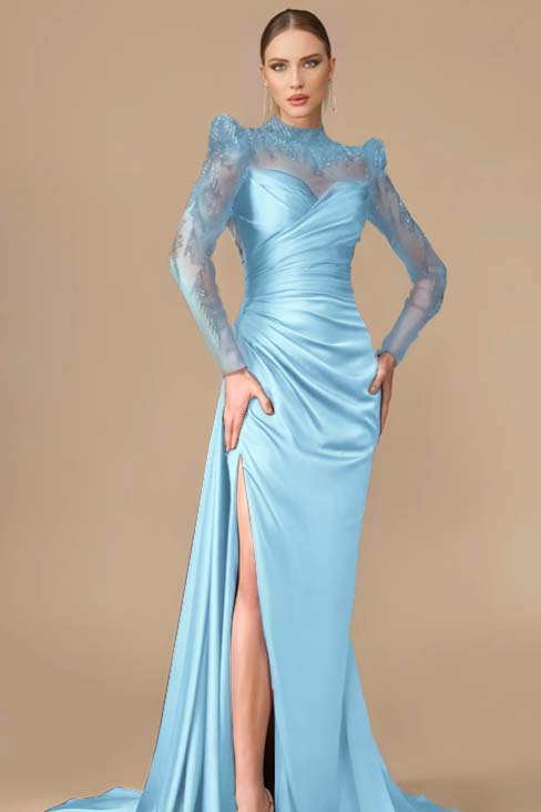 Long Sleeve Mermaid Long Prom Dress with Split, Pleats and Appliques