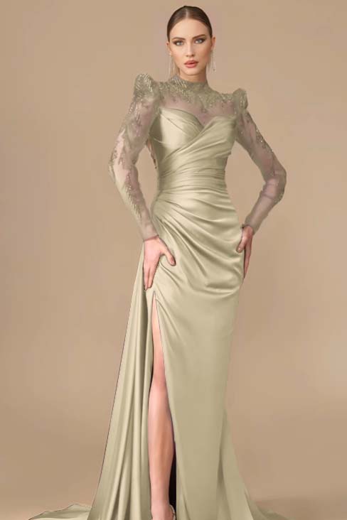 Long Sleeve Mermaid Long Prom Dress with Split, Pleats and Appliques