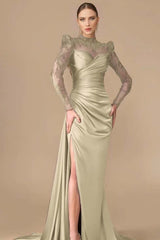 Long Sleeve Mermaid Long Prom Dress with Split, Pleats and Appliques