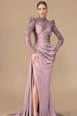 Long Sleeve Mermaid Long Prom Dress with Split, Pleats and Appliques