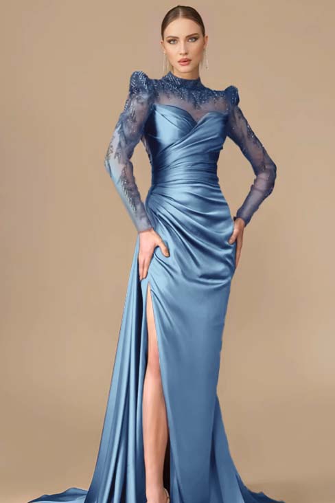 Long Sleeve Mermaid Long Prom Dress with Split, Pleats and Appliques