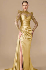 Long Sleeve Mermaid Long Prom Dress with Split, Pleats and Appliques