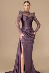 Long Sleeve Mermaid Long Prom Dress with Split, Pleats and Appliques