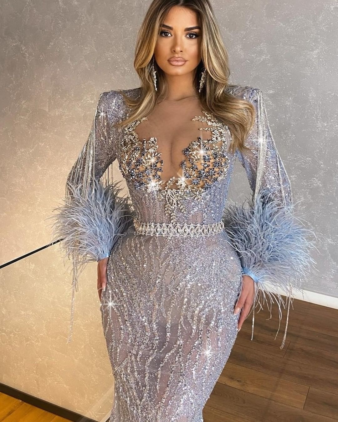 Long Sleeve Mermaid Long Prom Dress with Beading Tassel