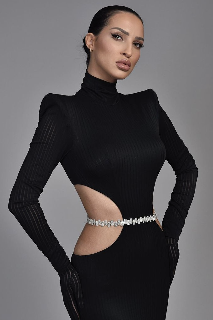 Long Sleeves Mermaid Evening Dress High Neck with Belt