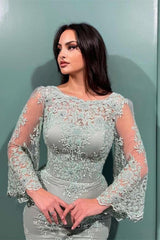 Bateau Neck Long Sleeve Mermaid Long Prom Dress with Appliques and Pleated