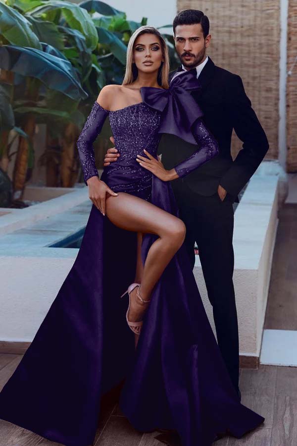Long Sleeve Strapless Mermaid Prom Dress with Sequins Split Bowknot