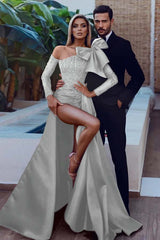 Long Sleeve Strapless Mermaid Prom Dress with Sequins Split Bowknot