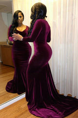 Purple V Neck Long Sleeve Mermaid Long Prom Dress with Pleated