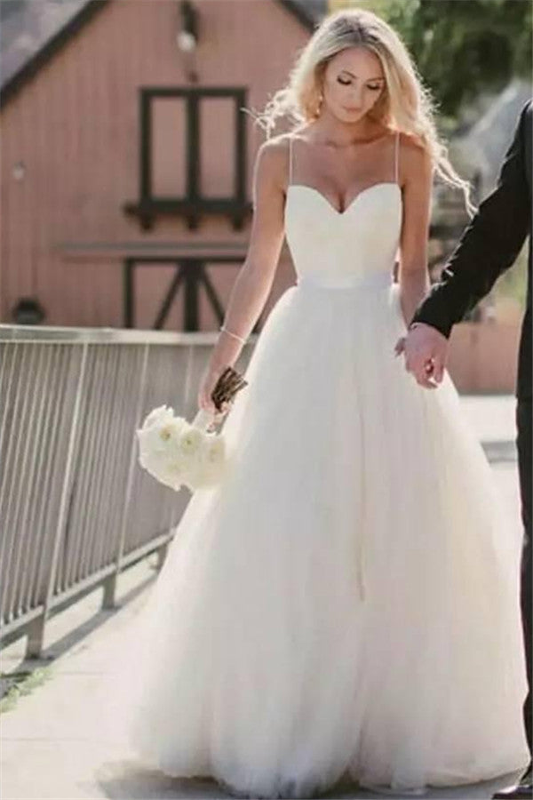 Long Spaghetti Strap Tulle Wedding Dress