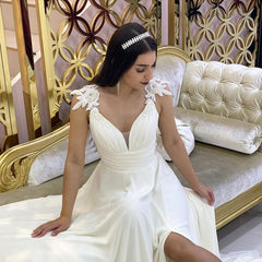 Long Sweetheart A-Line V-Neck Split Wedding Dress with Lace Chiffon