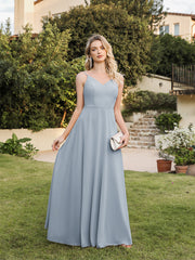 Long V-neck Backless Satin A-line Bridesmaid Dresses