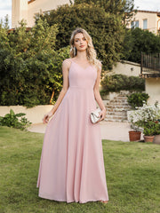 Long V-neck Backless Satin A-line Bridesmaid Dresses