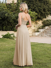 Long V-neck Backless Satin A-line Bridesmaid Dresses