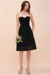Lovely Strapless Sweetheart Ruffle Short Black Bridesmaid Dress Affordable-Babyonlines