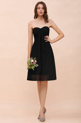 Lovely Strapless Sweetheart Ruffle Short Black Bridesmaid Dress Affordable-Babyonlines