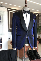 Luciano Sparkling Navy Blue Shawl Lapel Wedding Suit with Black Lapel
