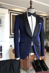 Luciano Sparkling Navy Blue Shawl Lapel Wedding Suit with Black Lapel
