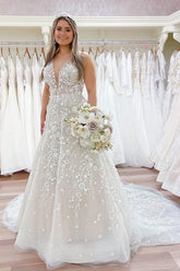 Luxury Long A-line V-neck Lace Wedding Dress With Appliques