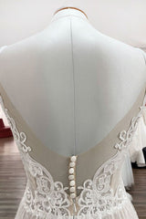 Luxury V-Neck Long A-Line Wedding Dress with Open Back, Tulle, and Lace