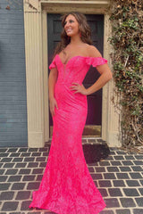 Magenta Off the Shoulder Mermaid Lace Prom Dress