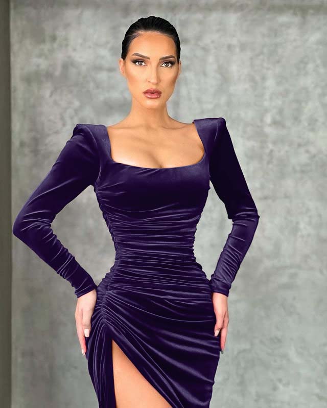 Burgundy Square Neck Long Sleeve Mermaid Long Prom Dress with High Split