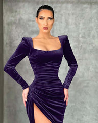 Burgundy Square Neck Long Sleeve Mermaid Long Prom Dress with High Split