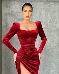 Burgundy Square Neck Long Sleeve Mermaid Long Prom Dress with High Split