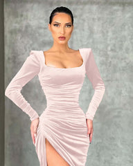 Burgundy Square Neck Long Sleeve Mermaid Long Prom Dress with High Split