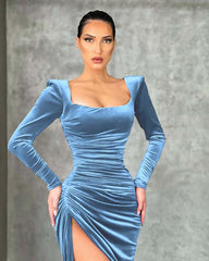 Burgundy Square Neck Long Sleeve Mermaid Long Prom Dress with High Split