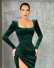 Burgundy Square Neck Long Sleeve Mermaid Long Prom Dress with High Split