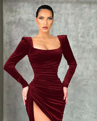 Burgundy Square Neck Long Sleeve Mermaid Long Prom Dress with High Split