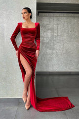 Burgundy Square Neck Long Sleeve Mermaid Long Prom Dress with High Split
