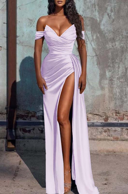 Dusty Blue Off the Shoulder Mermaid Prom Dress with Split