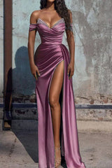 Dusty Blue Off the Shoulder Mermaid Prom Dress with Split