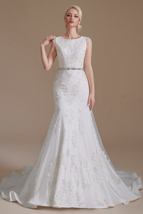 Mermaid Jewel Neck Long Wedding Dress with Tulle Lace