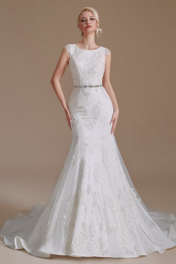 Mermaid Jewel Neck Long Wedding Dress with Tulle Lace
