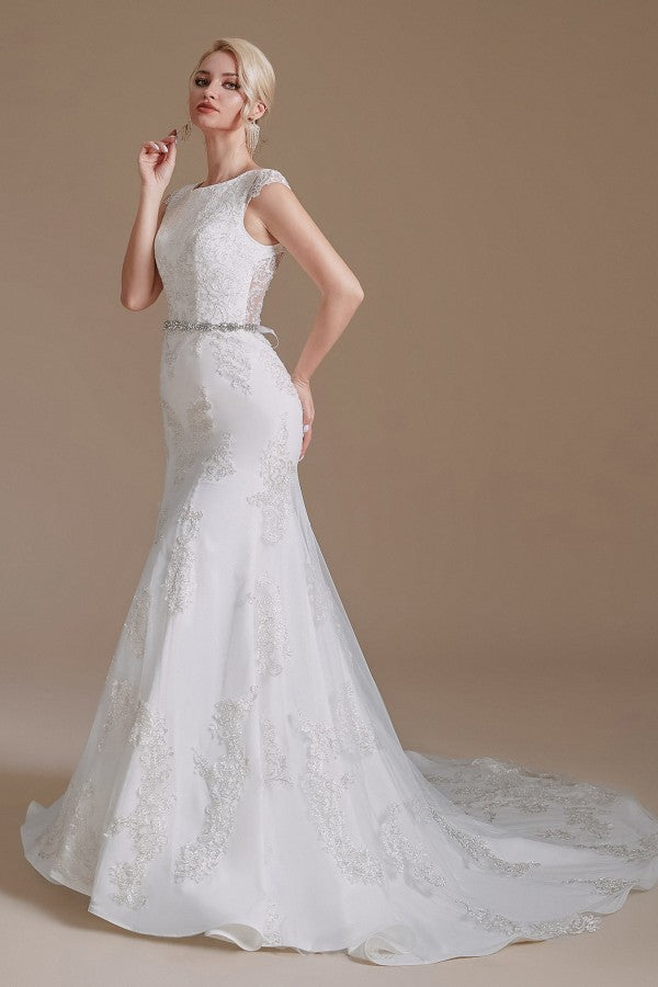 Mermaid Jewel Neck Long Wedding Dress with Tulle Lace