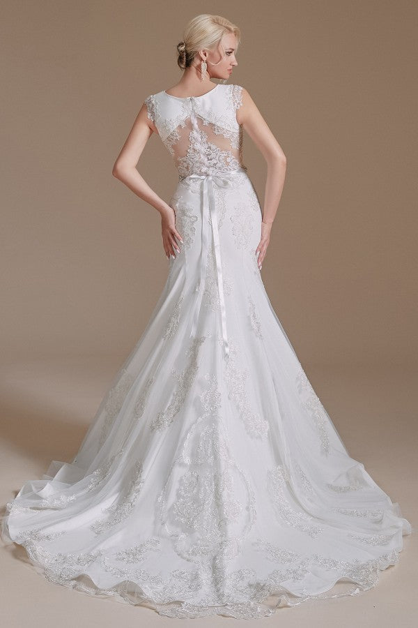 Mermaid Jewel Neck Long Wedding Dress with Tulle Lace