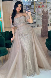 Off-the-Shoulder Long Mermaid Formal Evening Dresses with Detachable Train