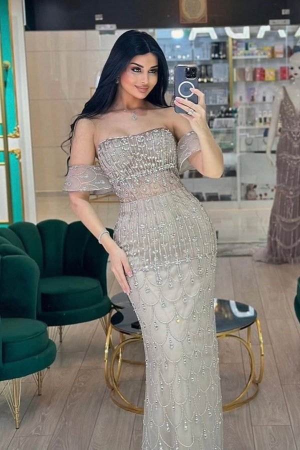 Off-the-Shoulder Long Mermaid Formal Evening Dresses with Detachable Train