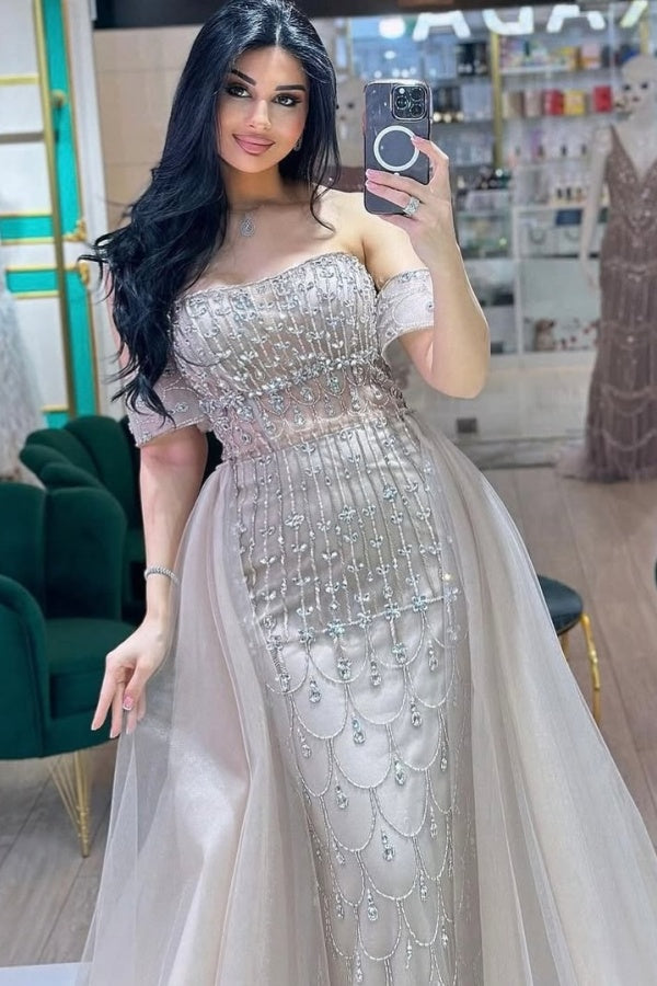 Off-the-Shoulder Long Mermaid Formal Evening Dresses with Detachable Train