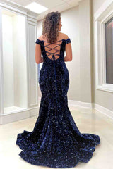 Mermaid Off-the-Shoulder Light Blue Sequins Long Prom Dress