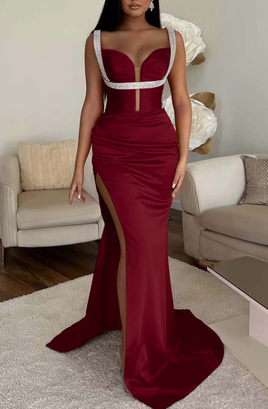 Fuchsia Spaghetti Strap Mermaid Prom Dress with High Split